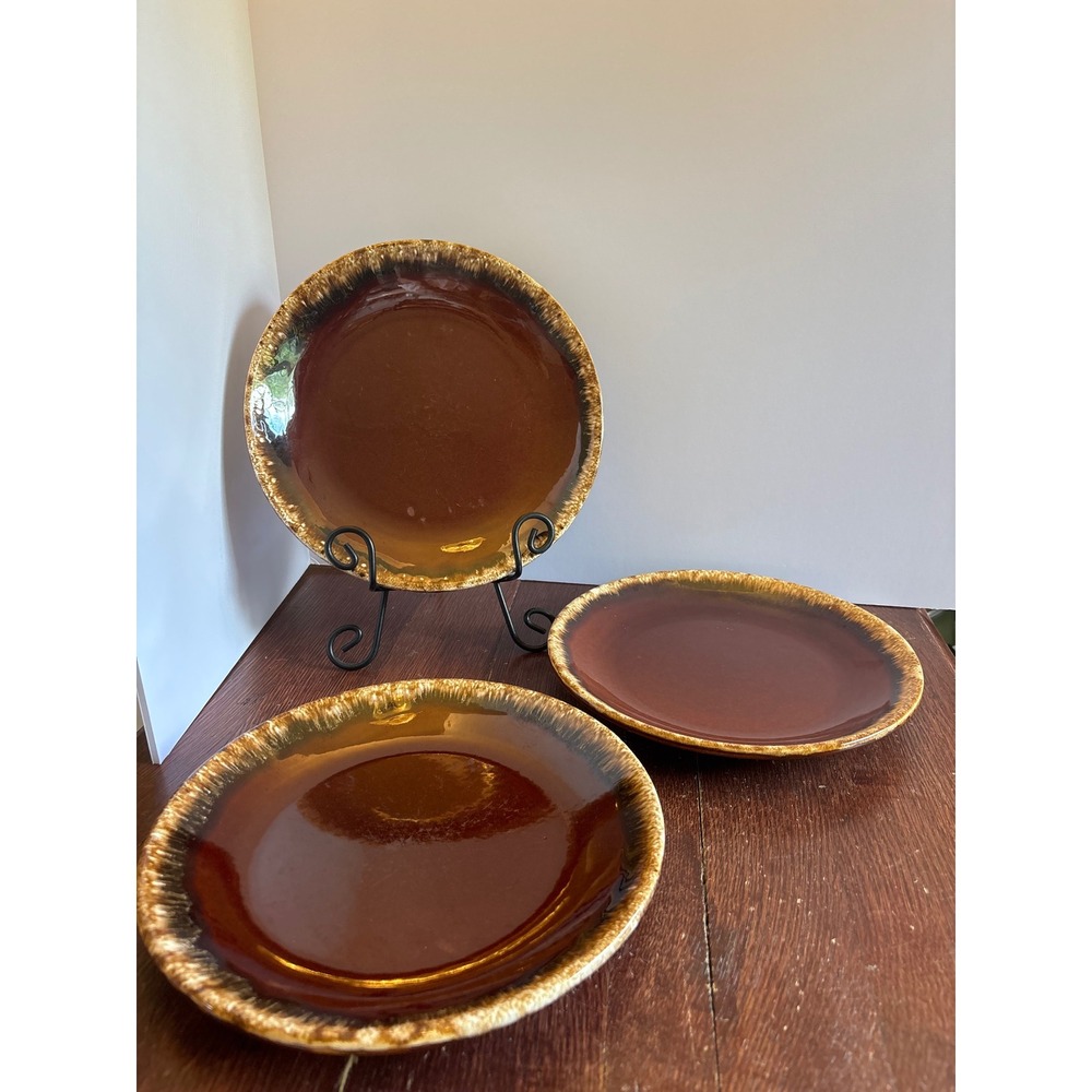 Vintage Hull Pottery Mirror Brown Drip Glaze Dinner Plates Set of 3 Oven Proof